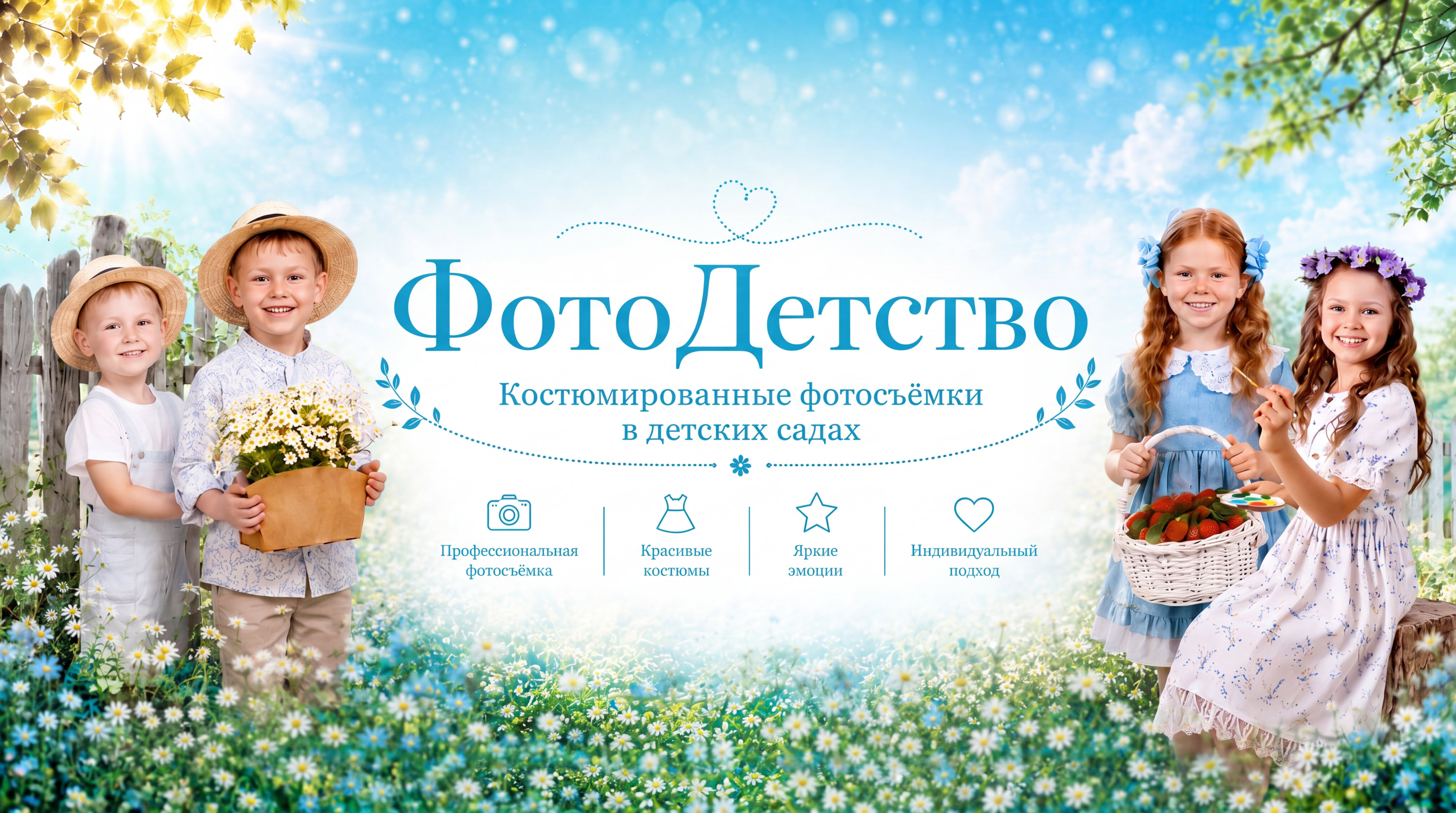 Дети в костюмах среди цветов. ФотоДетство: профессиональная фотосъёмка, красивые костюмы, яркие эмоции, индивидуальный подход.